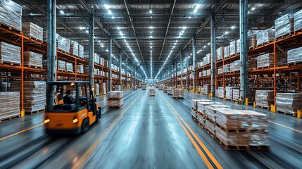 Busy warehouse interior with forklifts transporting pallets between shelves, showcasing logistics