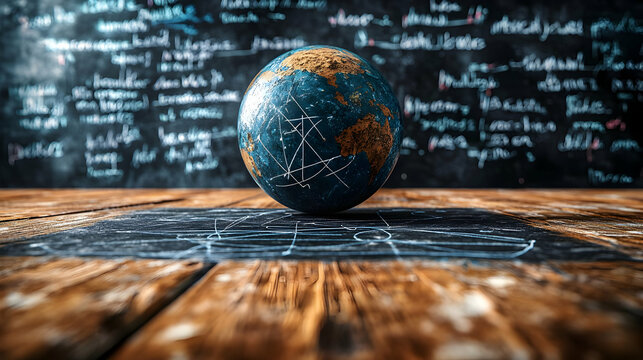Earth Globe On Vintage Wooden Desk With Blackboard Background - Powered by Adobe