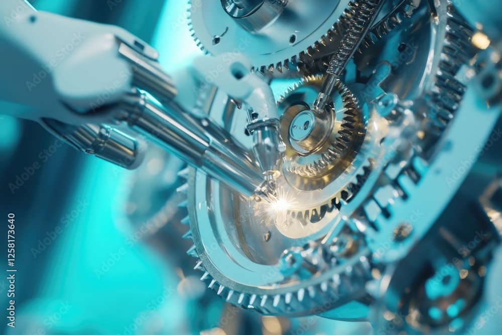 Poster robotic arm precisely welds intricate gears, showcasing advanced automation and precision engineerin