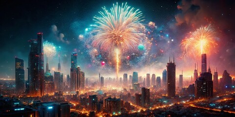 Obraz premium Iridescent White Glitter Fireworks Exploding in Urban Night Sky - Stock Photo