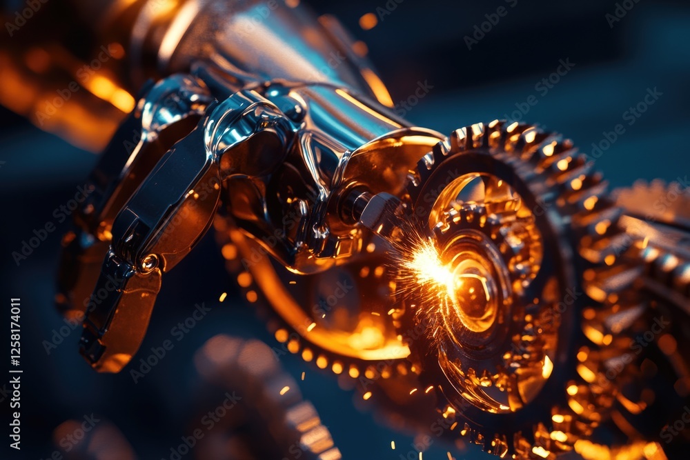 Poster a robotic arm sparks as it precisely works on intricate gears, showcasing advanced technology and in