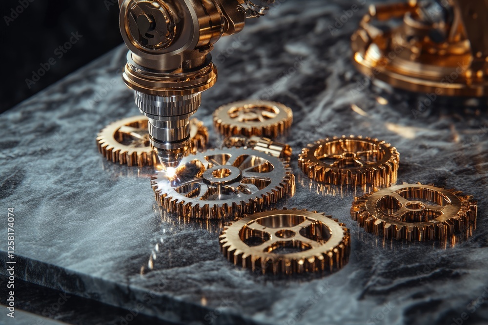 Poster a robotic arm precisely welds golden gears on a dark marble surface, showcasing intricate craftsmans