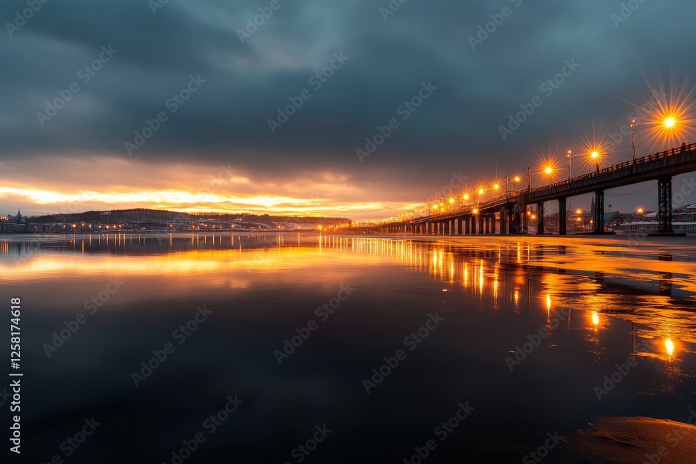 Poster sunset reflection over calm water with illuminated bridge and cloudy sky in the background