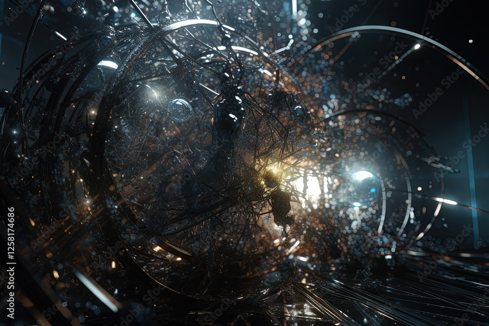 Aufkleber Abstract burst of wires and particles on technology background. Scientific abstraction with mess of wires.