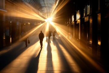 Sunbeams illuminate a bustling walkway during golden hour in a historic shopping arcade