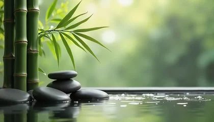 Poster Zen bamboo and stones with tranquil water on green background, relaxation symbol