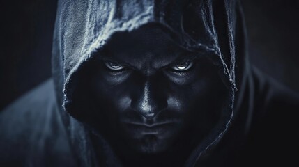 Evil Villain. Sinister Male Face in Darkness, Scary and Dangerous Man