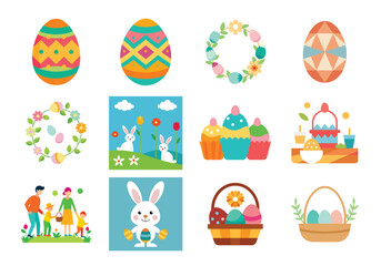 Set of Easter design elements. Easter Sunday Eggs, chicken, butterfly, rabbit, tulips bundle