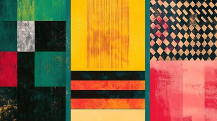 Vibrant abstract art boldly showcases textured geometric patterns in a striking color palette. AI Generated