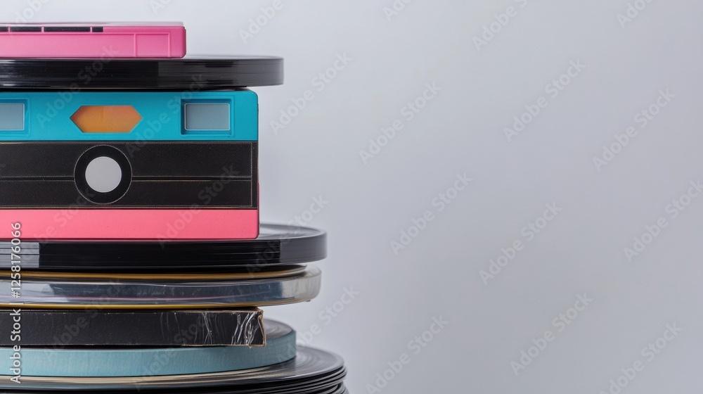 Poster colorful stack of vinyl records and retro cassettes featuring k pop inspired designs. generative ai