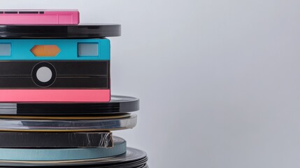 Colorful stack of vinyl records and retro cassettes featuring K pop inspired designs. Generative AI