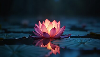 Glowing lotus flower in serene pond, peaceful meditation, nighttime reflection