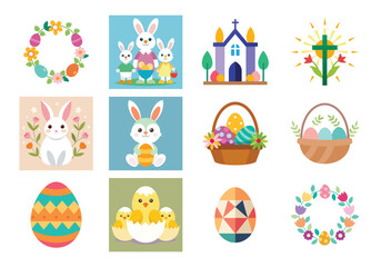 Set of Easter design elements. Easter Sunday Eggs, chicken, butterfly, rabbit, tulips bundle