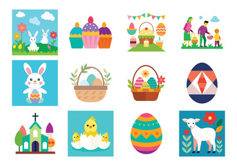 Fototapeta premium Set of Easter design elements. Easter Sunday Eggs, chicken, butterfly, rabbit, tulips bundle