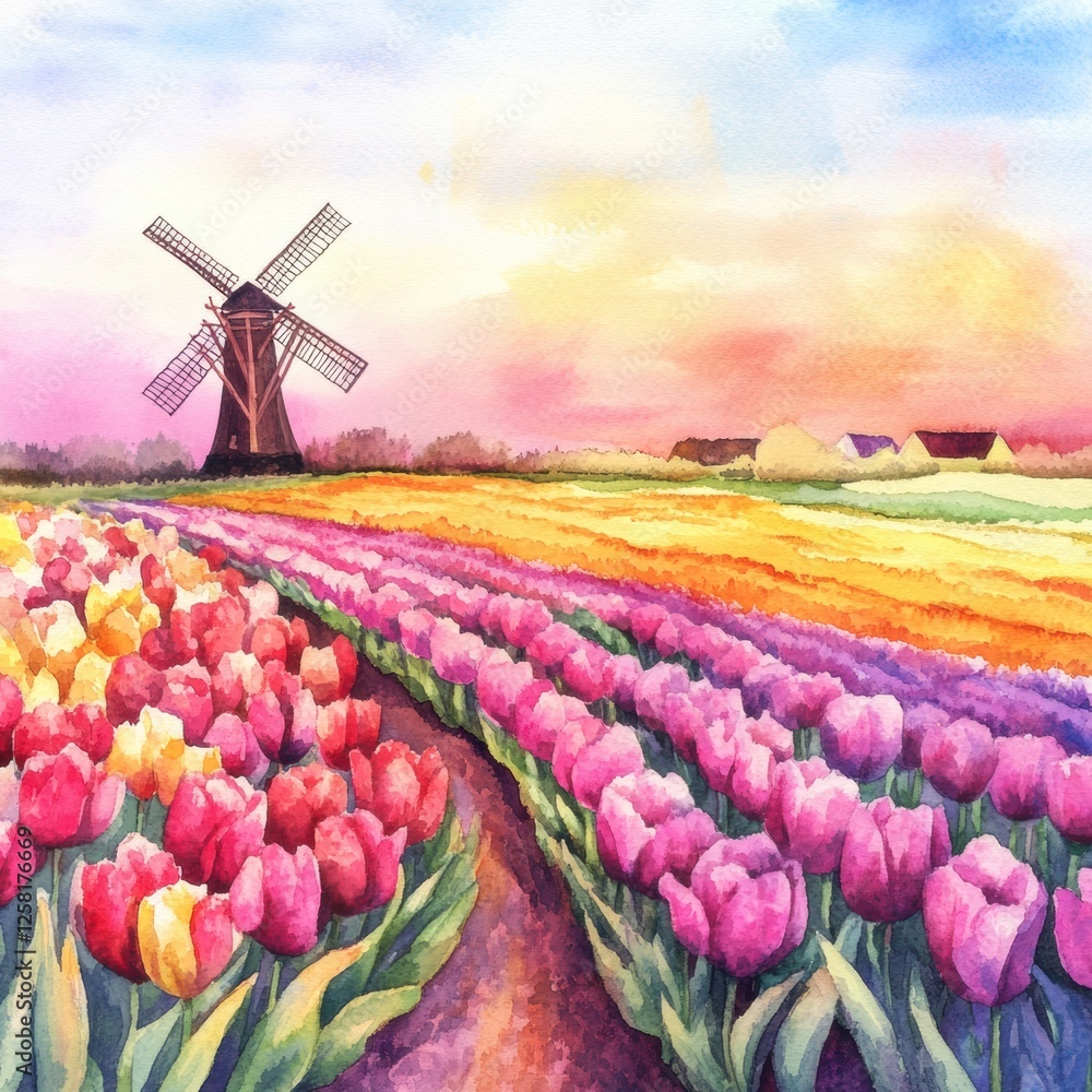 Poster Vibrant tulip fields with a classic windmill capture the essence of spring in a beautiful watercolor illustration. Generative AI