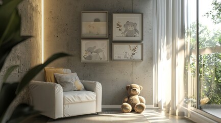 A modern baby nursery with concrete walls, a white armchair, and pillows for an accent color, soft lighting from sheer curtains, a teddy bear on the floor