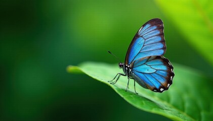 Obraz premium Butterfly with blue wings on green leaf, leaves, blue butterfly, insect