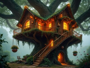 Obraz premium Whimsical treehouse with fairy lights, winding staircases and hanging plants built into the branch of an ancient tree