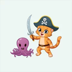 Cartoon cat battling a tiny octopus with a pirate sword