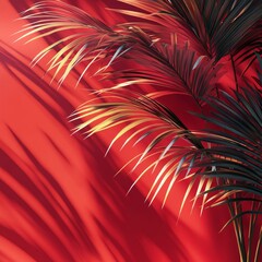 Fototapeta premium Vibrant Tropical Green Leaves Casting Shadows on a Bold Red Background