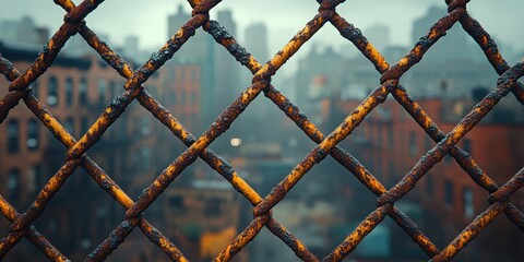 Fototapeta premium Rusty Chain Link Fence in Urban Setting: A Glimpse of Cityscape Through the Grid