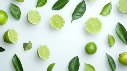 Fresh Limes Green Leaves White Background Simple Citrus Arrangement