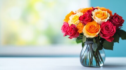 Fototapeta premium Vibrant Rose Bouquet in Vase - A stunning bouquet of multicolored roses in a glass vase sits on a white table against a blurred green and blue background