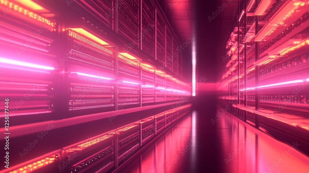Poster digital data warehouse with glowing server farms for cloud computing and information exchange