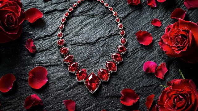 Elegant ruby necklace surrounded by red roses and petals on a dark surface.