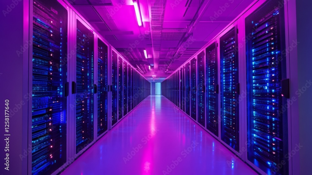 Poster digital data warehouse with glowing server farms for cloud computing and information exchange