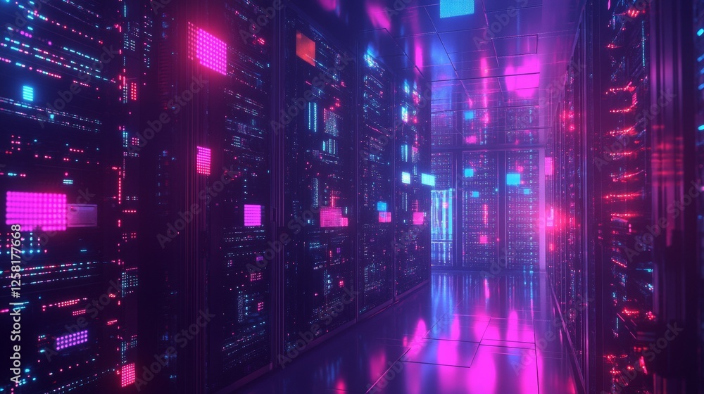 Poster digital data warehouse with glowing server farms for cloud computing and information exchange