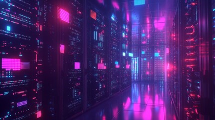 Fototapeta premium Digital data warehouse with glowing server farms for cloud computing and information exchange 