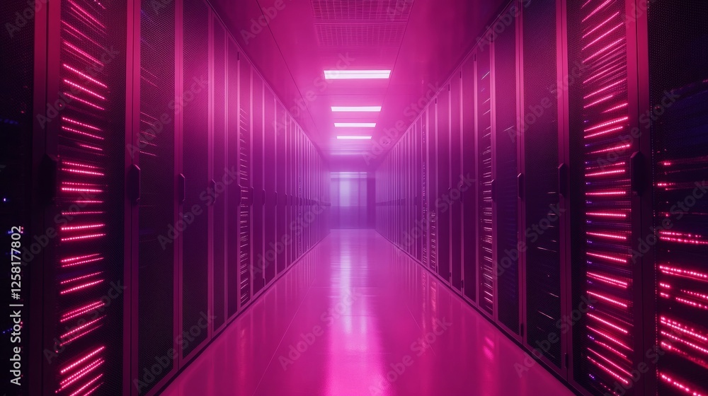 Poster digital data warehouse with glowing server farms for cloud computing and information exchange