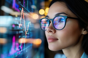 In a vibrant office setting, a professional woman looks closely at colorful financial graphs on the screen, symbolizing analytics, strategy, and business acumen.