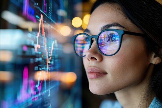 In a vibrant office setting, a professional woman looks closely at colorful financial graphs on the screen, symbolizing analytics, strategy, and business acumen.