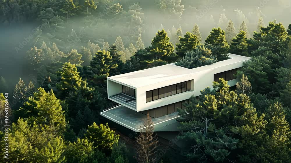 Aufkleber explore a unique architectural structure harmoniously situated amid towering trees in a tranquil for