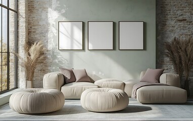 Modern living room, sectional sofa, pampas grass, three frames, sunlit wall, interior design mockup