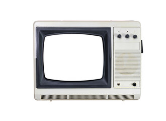 Old gray television isolated on white background. White isolated screen. Vintage televisions from...