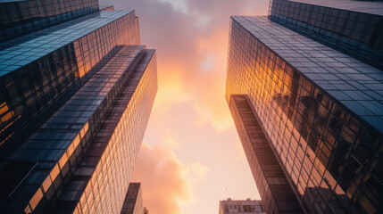 Fototapeta premium Modern skyscrapers reflect sunset colors in urban landscape