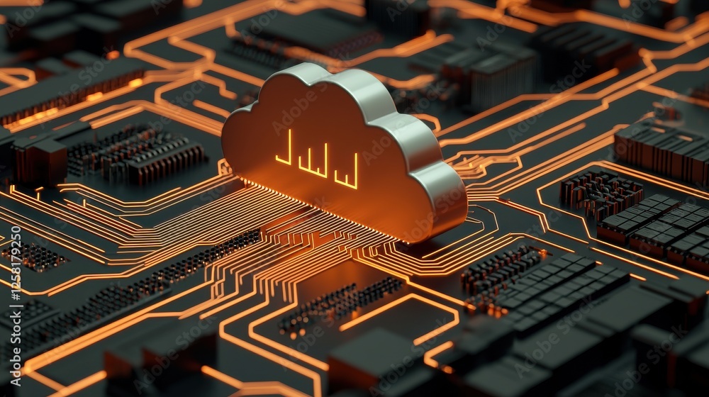 Poster cloud computing concept with circuit board and orange highlights
