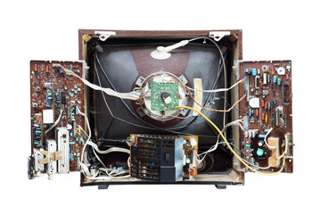 Vintage television set showing internal components and wiring details