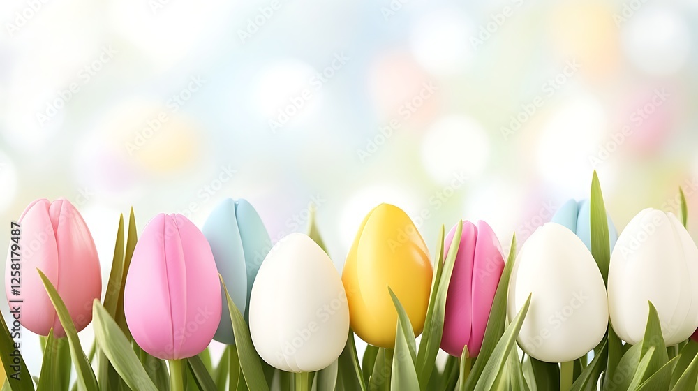Poster pastel tulips array in delicate hues with a soft blurred bokeh background for springtime joy