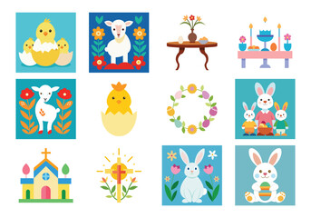 Set of Easter design elements. Easter Sunday Eggs, chicken, butterfly, rabbit, tulips bundle