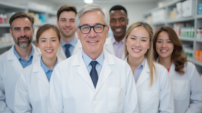 Professional pharmacy team smiling in modern pharmacy setting