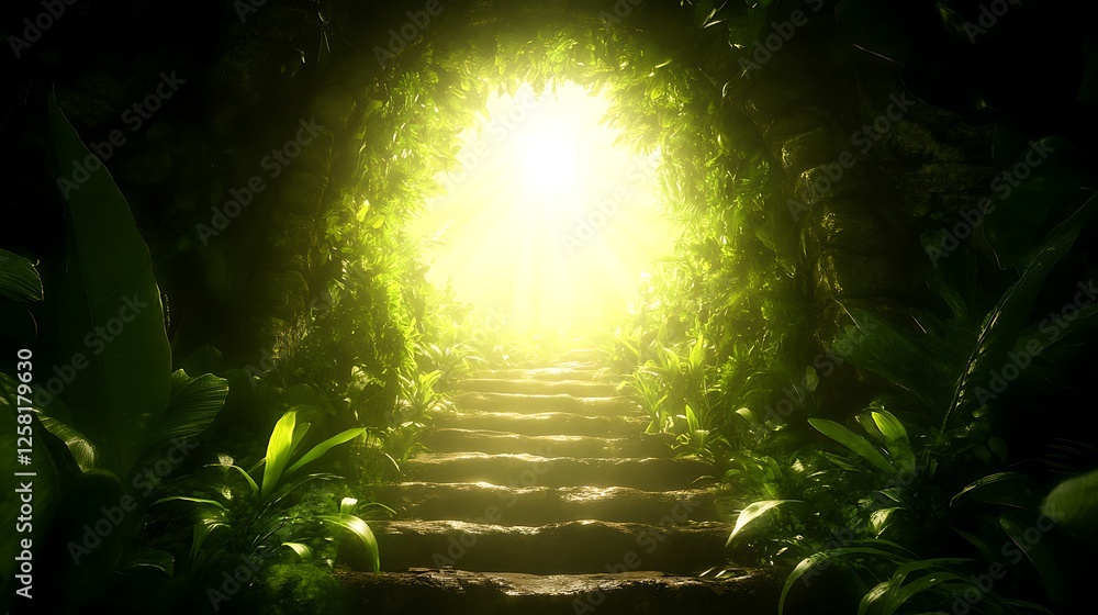 Poster path steps through the jungle to an illuminated portal with lush greenery and mysterious steps