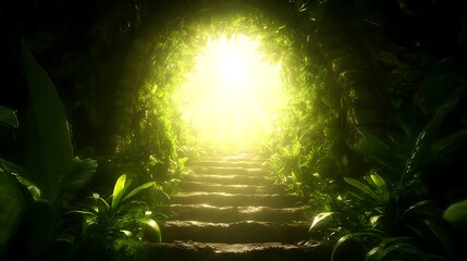 Obraz premium Path Steps Through the Jungle to an Illuminated Portal with Lush Greenery and Mysterious Steps