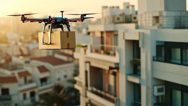 Robot delivering box. Flying drone hold package. Air copter with cardboard parcel. City street background. Aerial post transportation. Multicopter propeller fly above urban road. Modern technology.