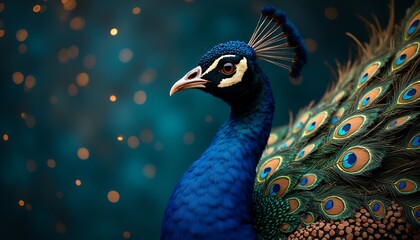 Fototapeta premium Elegant Peacock Portrait Showing Feathers and Crest on Dark Bokeh Background