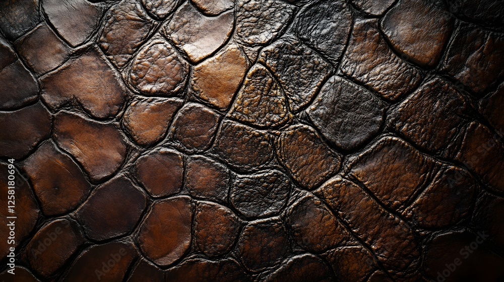 Poster Close-up of a dark brown leather texture with a cobblestone pattern. Ideal for background, design, and other creative projects. Macro Texture Backgrounds. Dark Brown Leather Cobblestone Pattern