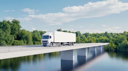 A large white truck crossing a bridge over a calm river surrounded by lush green trees